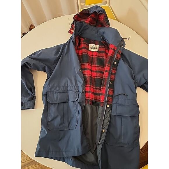 Vintage 90s Woolrich Field Chore Jacket Mens Large Blanket Plaid Wool Lined Navy - Picture 1 of 7